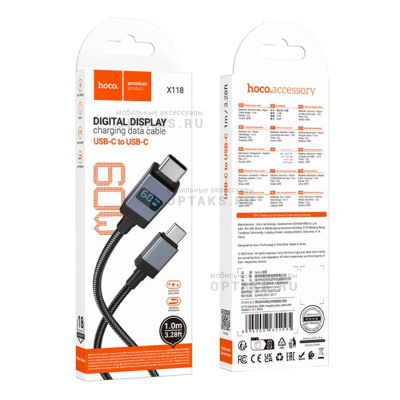 Кабель Type-c to Type-c HOCO X118, 1m, круглый, ткань, PD27W, дисплей, цвет: черный (1/31/310)